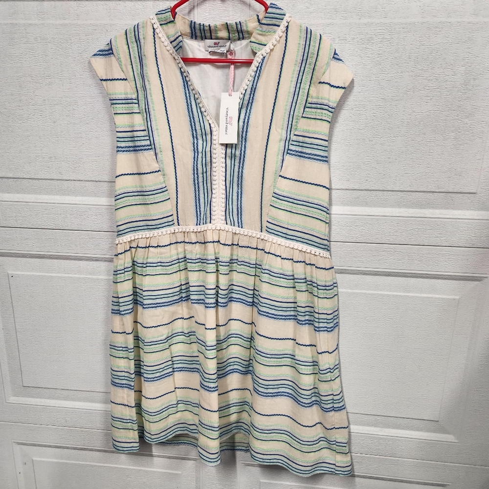 Vineyard Vines Womens Large Jacquard Notch Dress Blue Green Cream New Boho